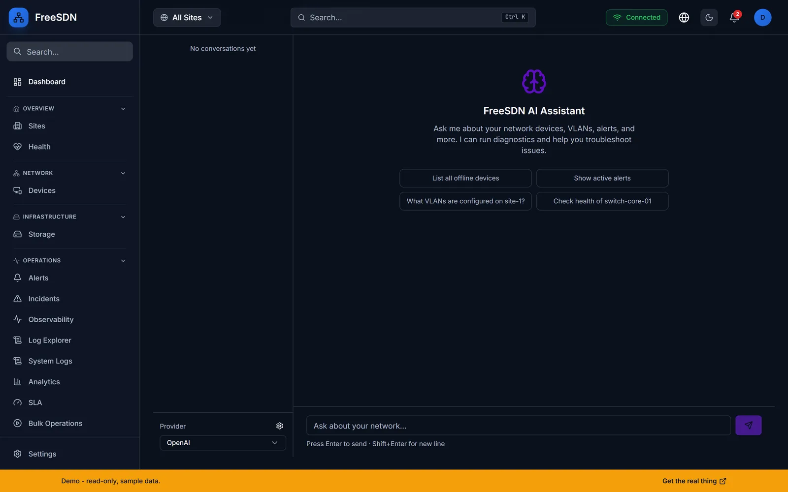 FreeSDN AI Assistant chat with a provider selector and suggested prompts about offline devices, alerts, and VLANs