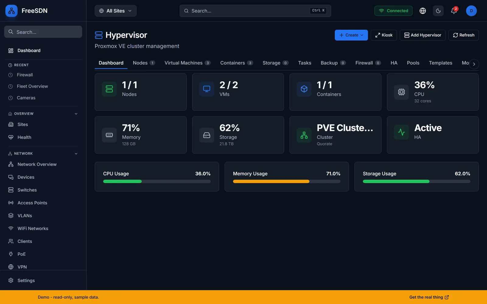 FreeSDN hypervisor management with cluster nodes, VMs, and containers