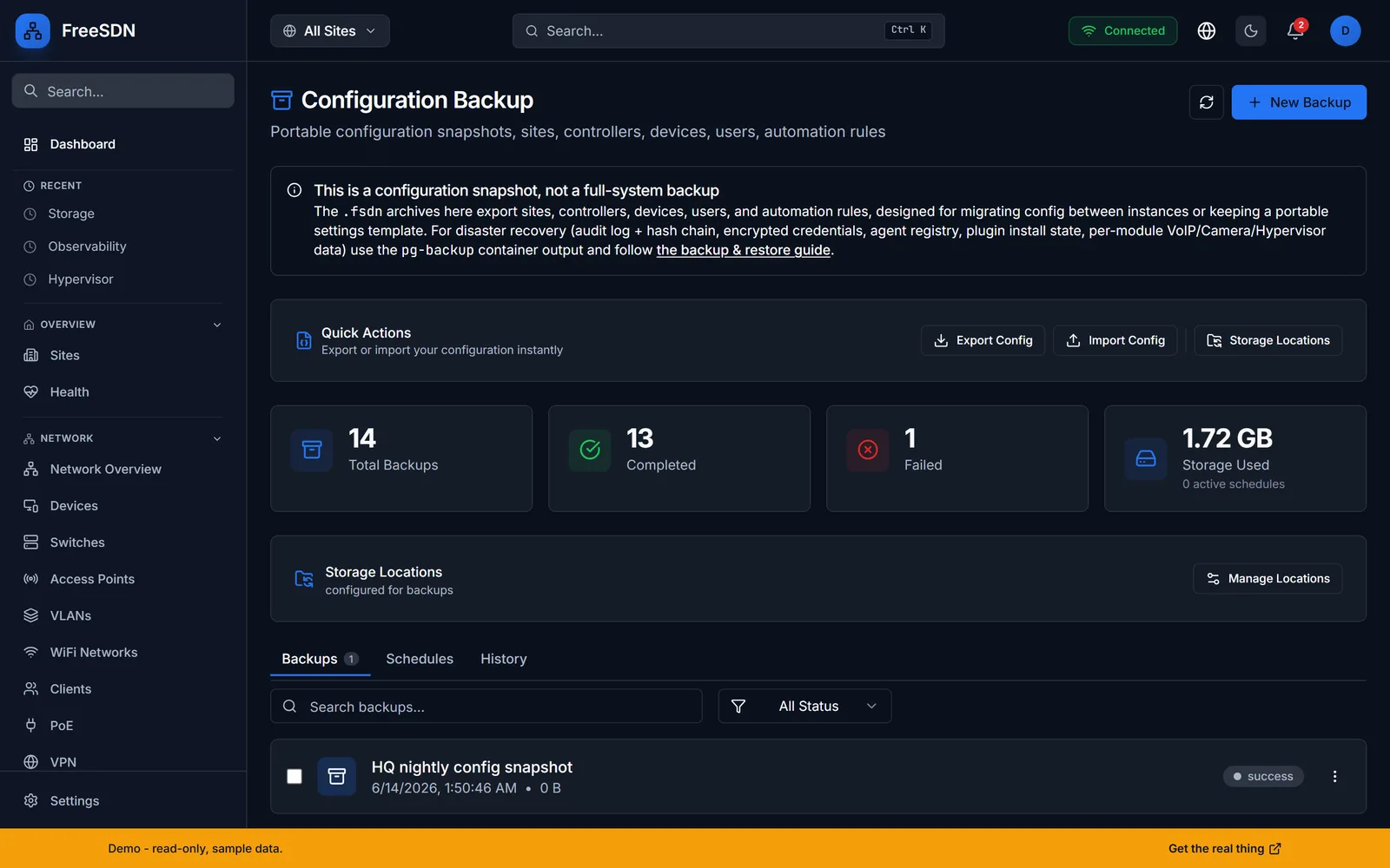 FreeSDN Configuration Backup view with backup counts, storage used, and a note that this is a config snapshot, not a full-system backup
