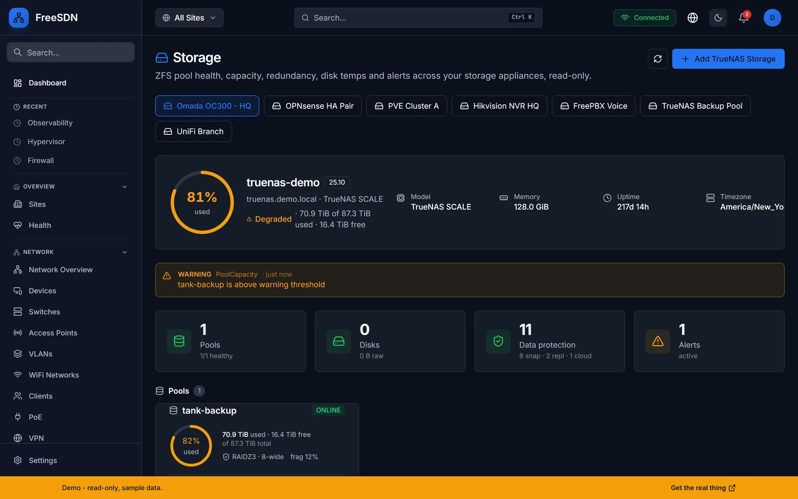 FreeSDN storage health with ZFS pools, disks, and alerts